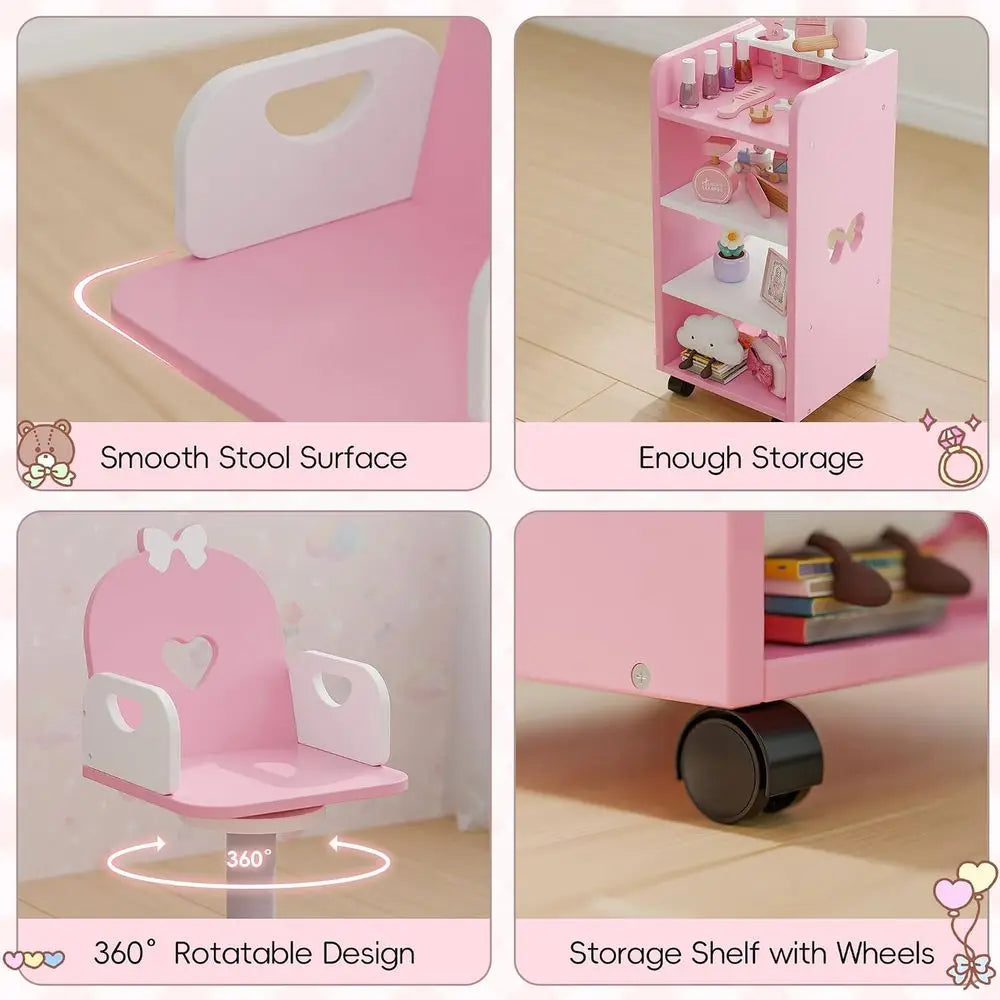 Kids Vanity Set with Light and Barber Chair, Pink Makeup Dring Vanity Table with Storage Shel and Hair Sn Play Set 7 pcs Accorie