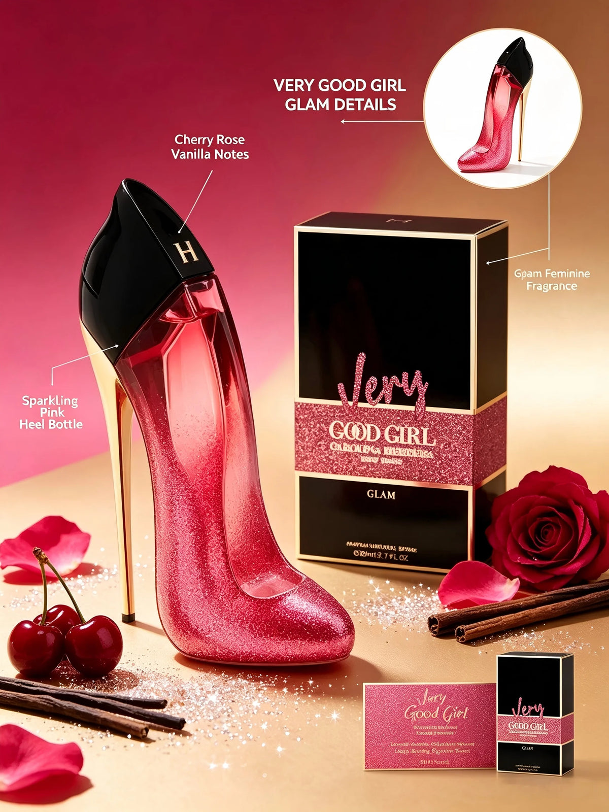Carolina Herrera Very Good Girl Glam EDP 80ml 2.7 fl.oz Women Cherry Rose Vanilla Perfume Long Lasting Luxury Fragrance Sparkling Feminine Signature Scent Back to School Fall Fashion Halloween Christmas Holiday Gift Single Bo