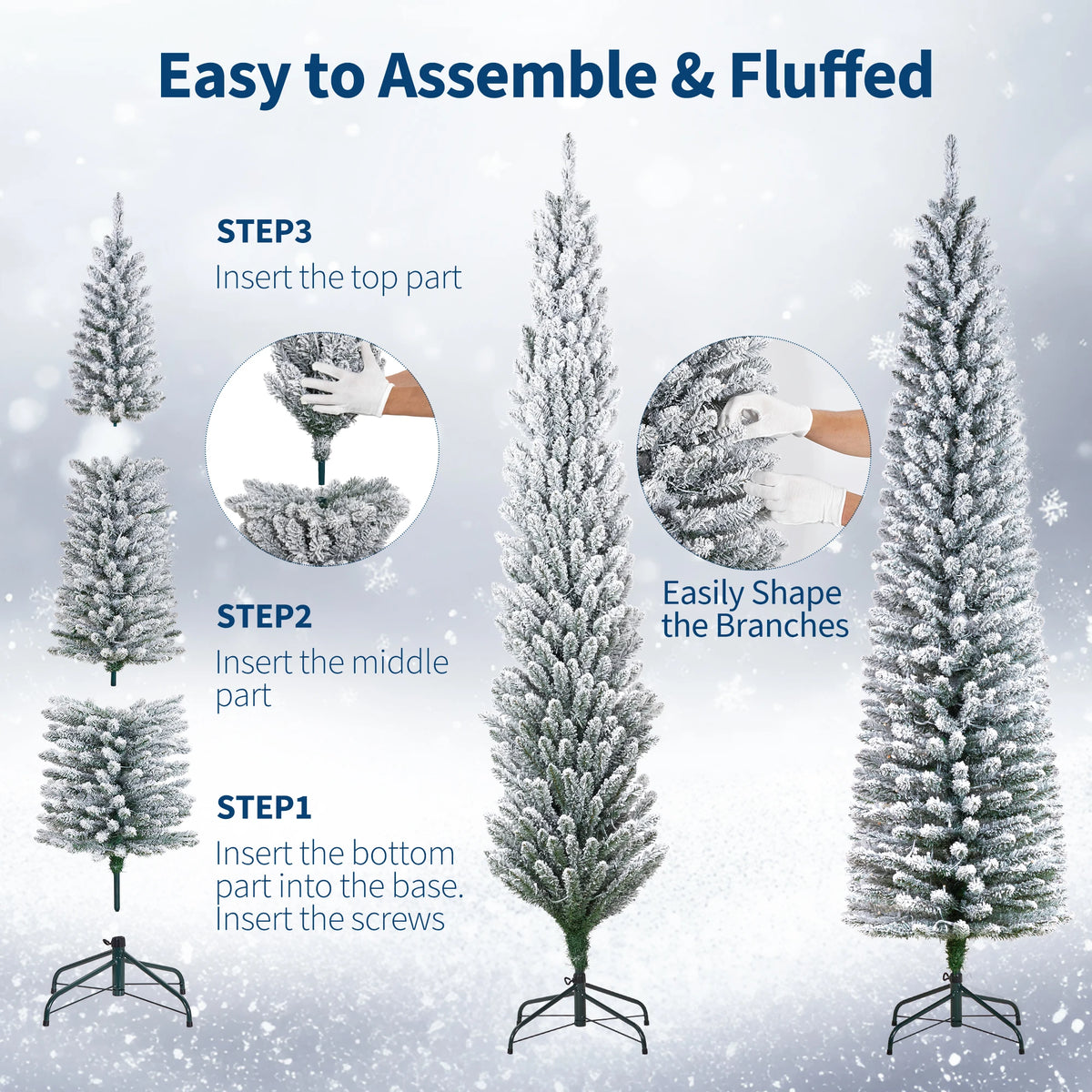 6-9FT Pencil Christmas Tree Pre-Lit Frosted Artificial Tree Skinny Xmas Trees Holiday Decoration, with LED Light and Metal Base 2026 Saving Holiday Decor for Home, Office, Indoor/Outdoor Use 6FT Artificial Christmas Tree