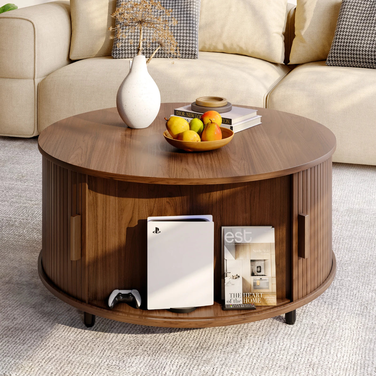 ONBRILL Modern Coffee Table With Storage And Curved Sliding Door
