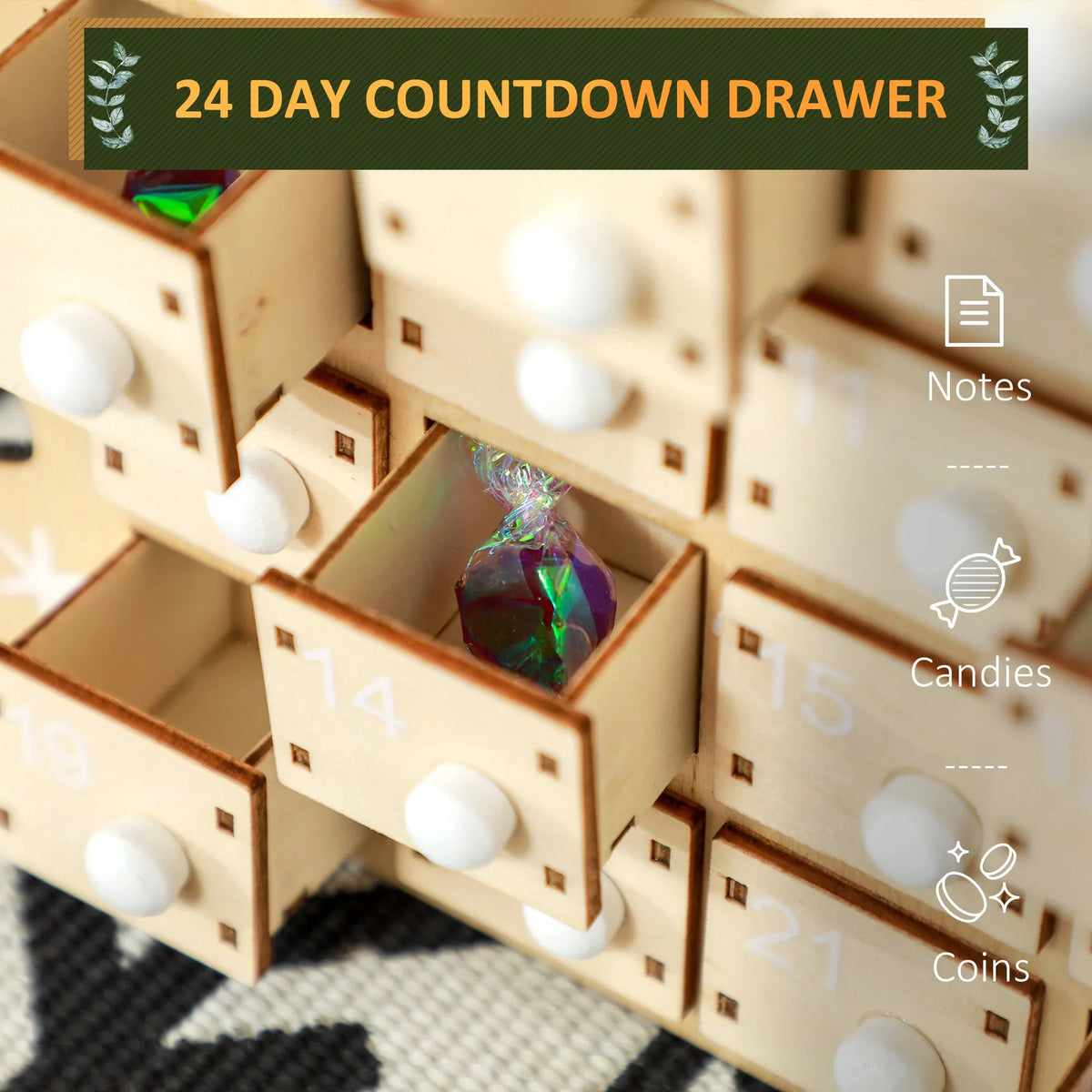 HOMCOM Christmas Advent Calendar with 24 Countdown Drawers, Reusable Wooden Holiday Decoration Xmas Gift for Kids Adults, Natural Wood