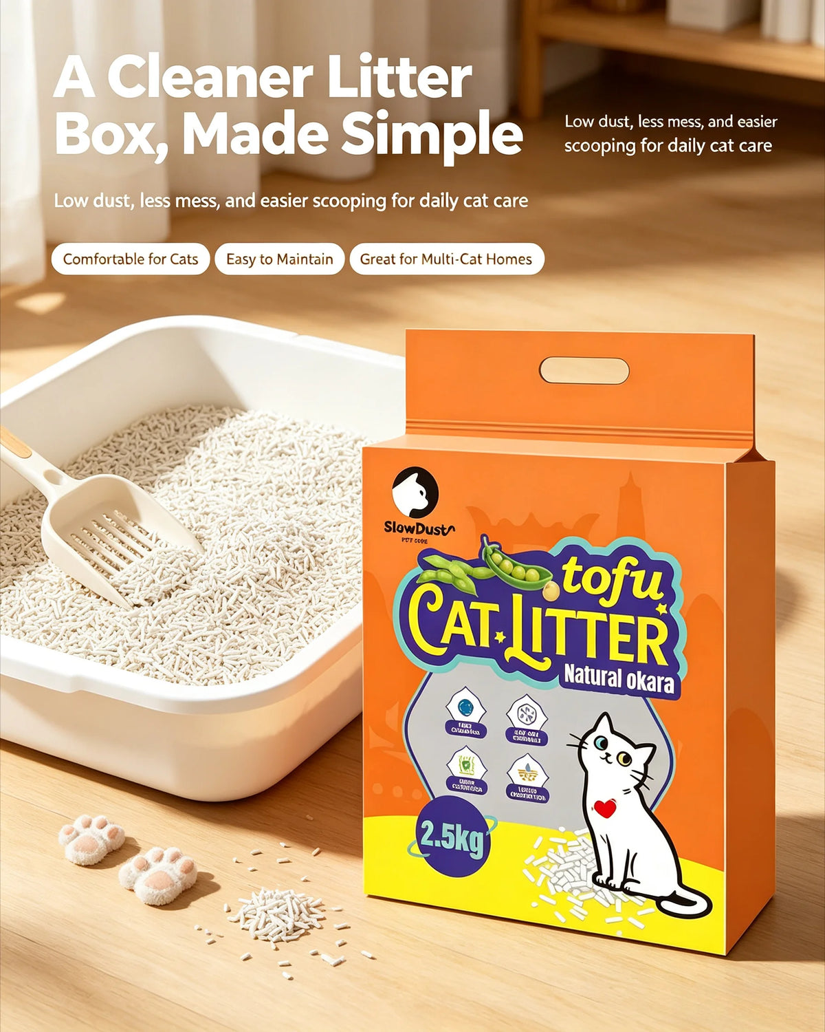 Eco Friendly Tofu Cat Litter 5 Pack 12.5kg Natural Okara Pea Fiber Plant Based Low Dust Clumping Flushable Kitty Litter