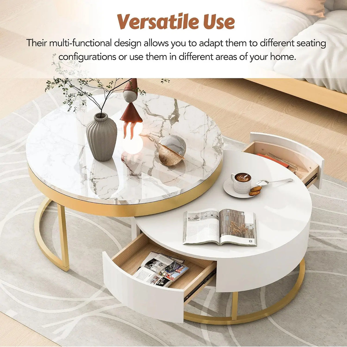 Modern Round Nesting Coffee Table with Marble Top, White & Gold Nesting Coffee Table Set of 2 Center Table with, Customized
