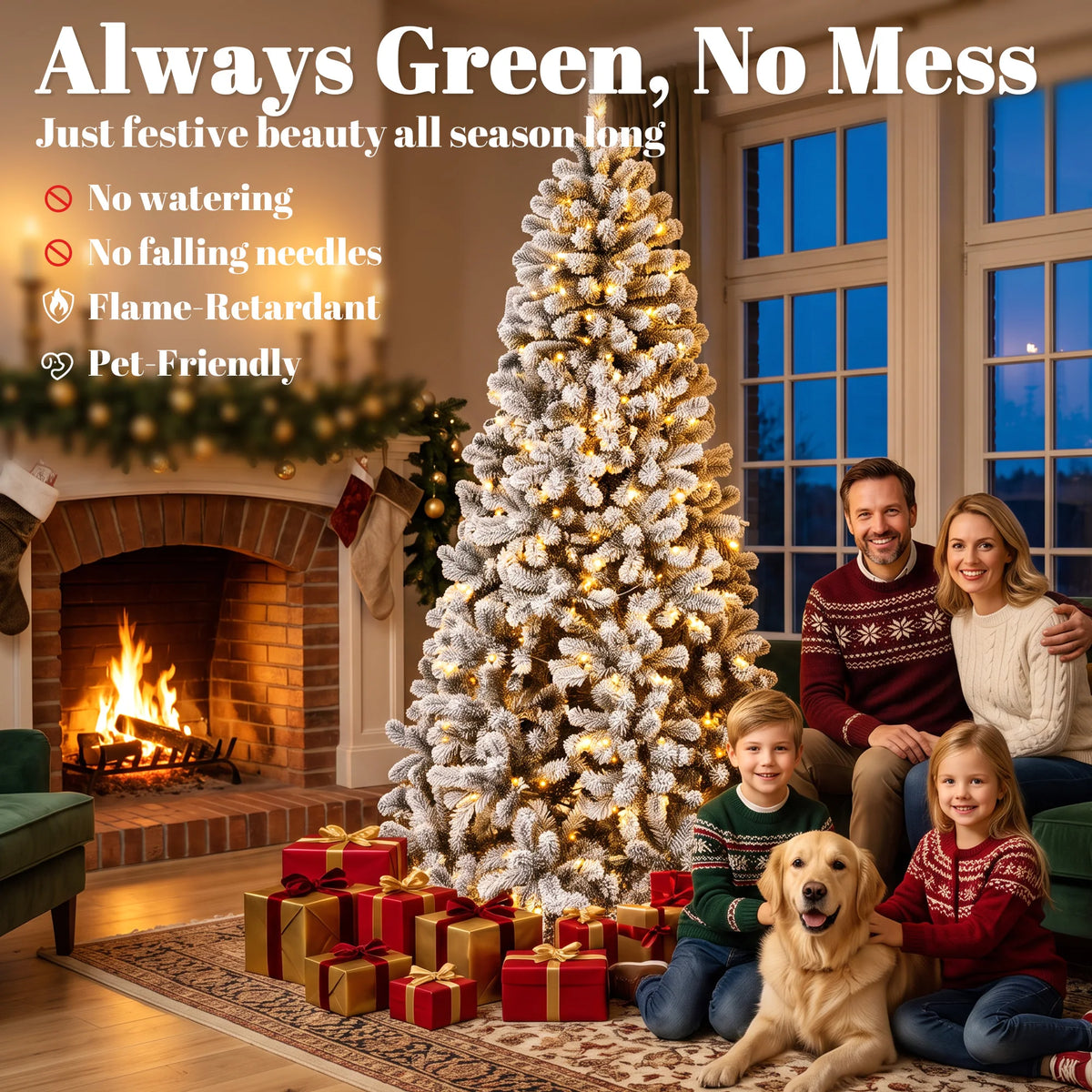 HOMCOM 6ft Flocked Prelit Christmas Tree, Northern Pine, Artificial Xmas Tree with 706 Curved Tips, 250 LEDs, Foldable Steel Base, Green White