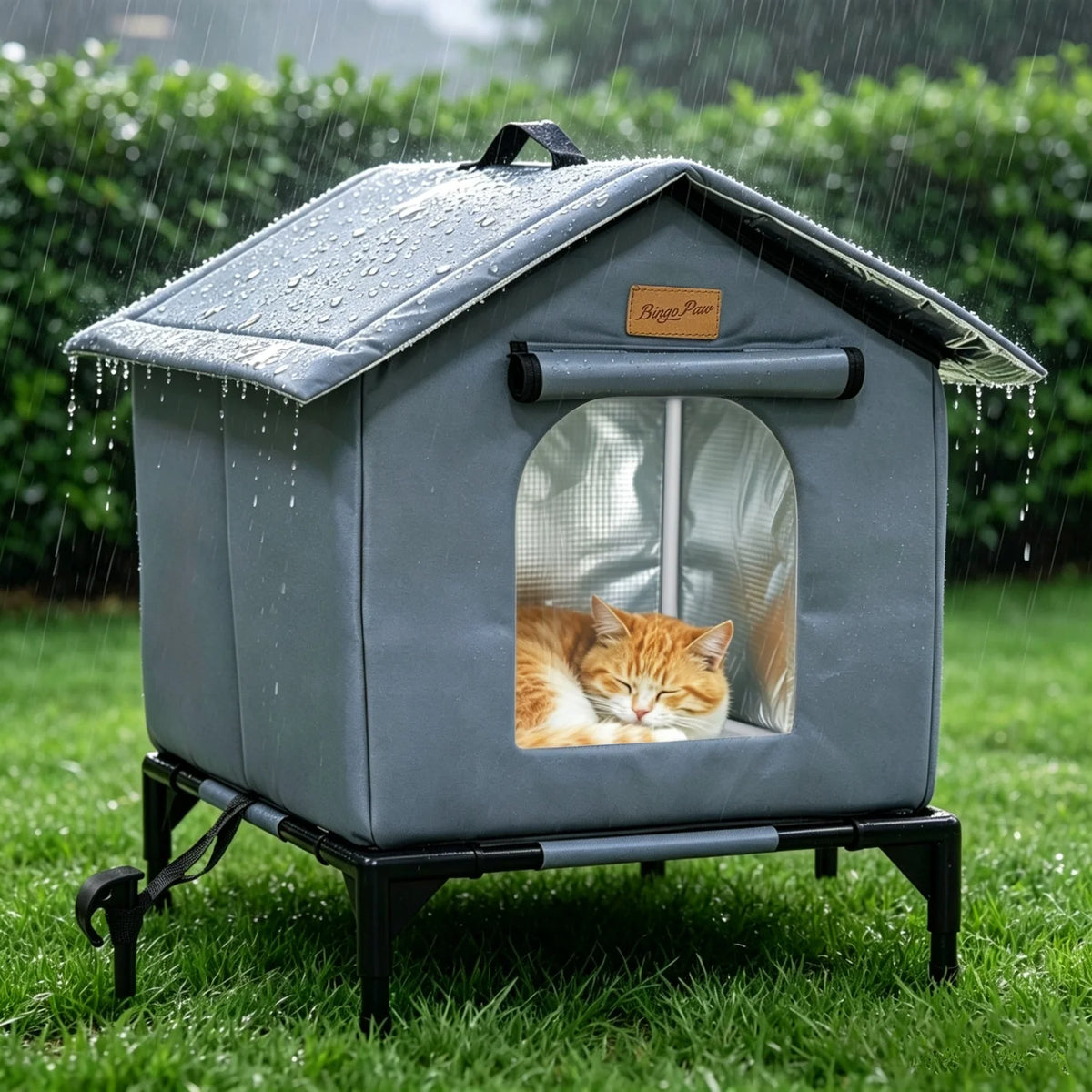 Outdoor Cat Shelter Elevated Insulated Feral Cat House Waterproof Cat Tent Pet House Oxford Fabric Aluminum Foil Coating for All Season