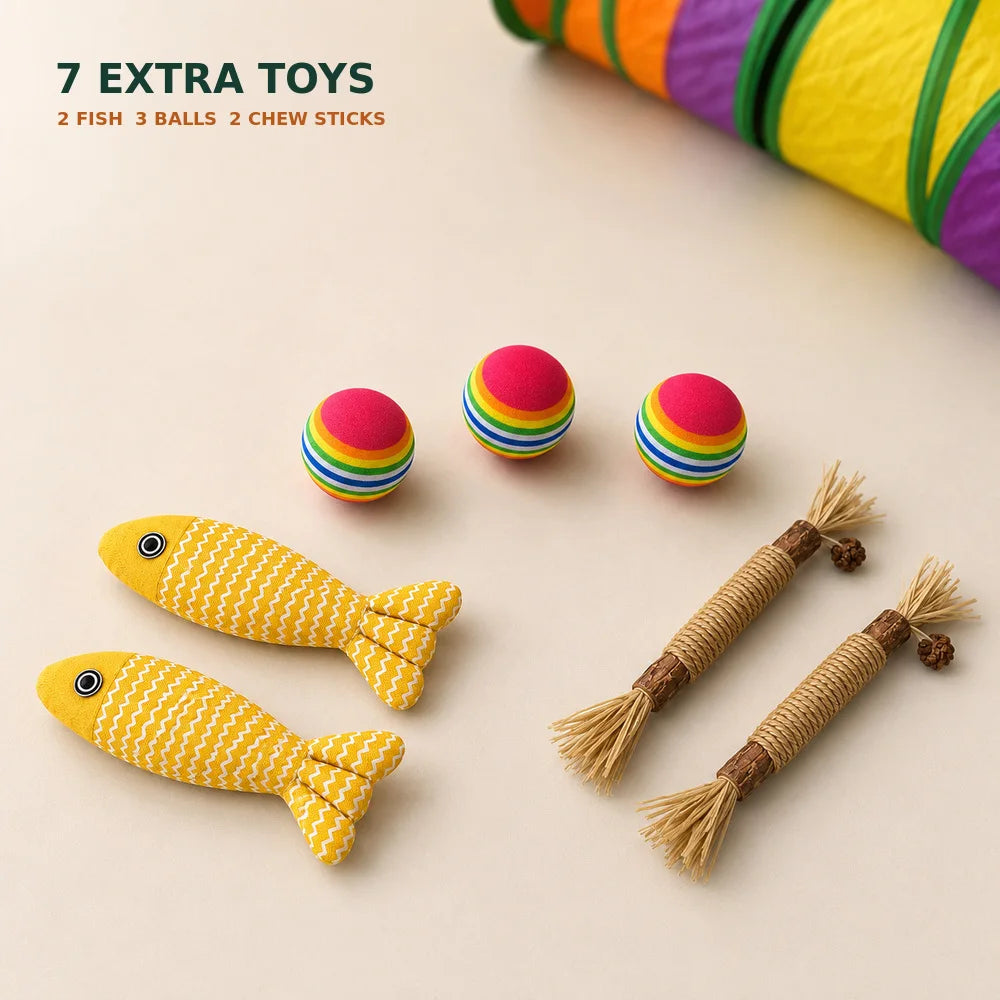Zoe Extra Long Cat Tunnel Maze For Indoor Cats Double E Shaped Connectable Foldable Play Tunnel With Multiple Peek Holes Zipper Connection Two Hanging Pom Poms And Seven Interactive Toys For Kittens And Multi Cat Homes