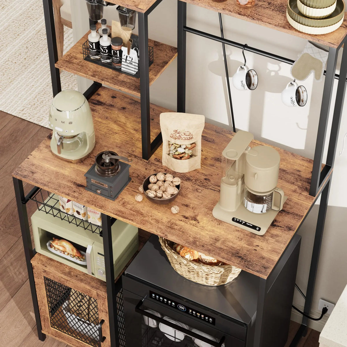 Kitchen Bakers Rack with Power Outlet and Storage Cabinet, Coffee Bar Microwave Stand with Refrigerator Space, Freestanding Kitchen Shelf for Pantry Living Room, Rustic Brown
