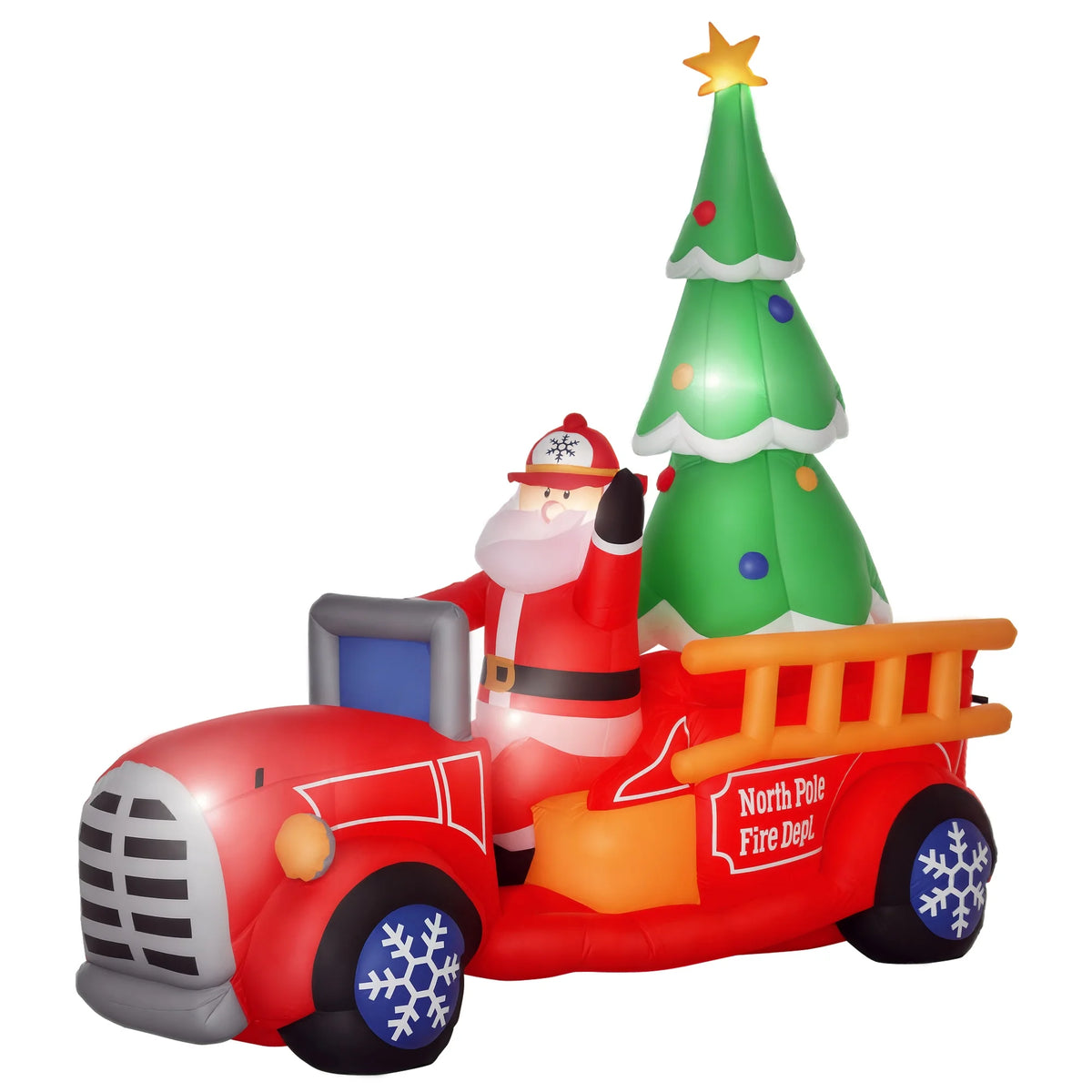 HOMCOM 7.5ft Christmas Inflatable Santa Claus Driving a Fire Truck with Tree, Outdoor Blow-Up Yard Decoration with LED Lights Display