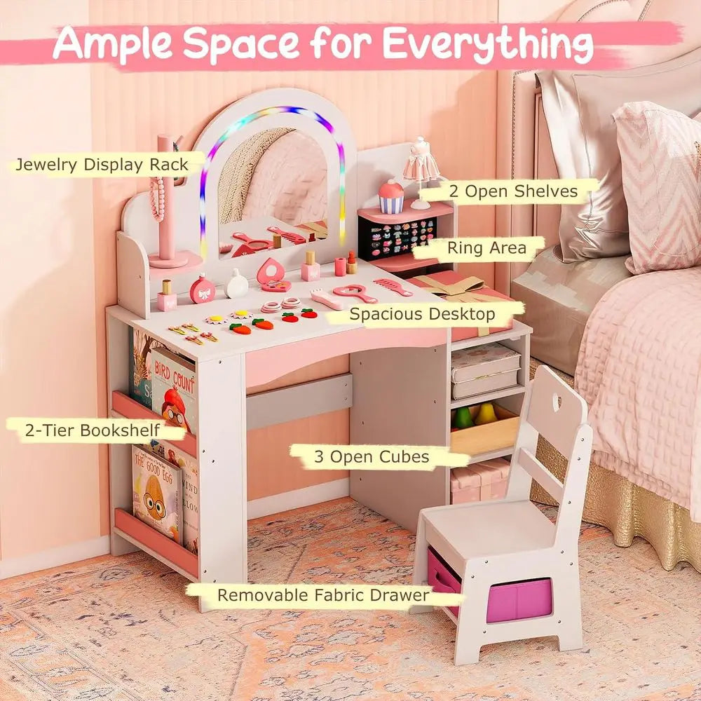 Kids Vanity, Girls Vanity Set with Lighted Mirror, Bookshel, lry Storage, Toddler Makeup Vanity Desk Dring Table, Wooden Kids Va
