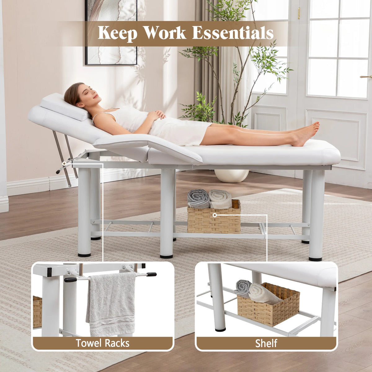 Professional Beauty Bed with Removable Headrest Breast Cushions Armrests and Storage Shelf for Massage Facial Tattoo Spa White