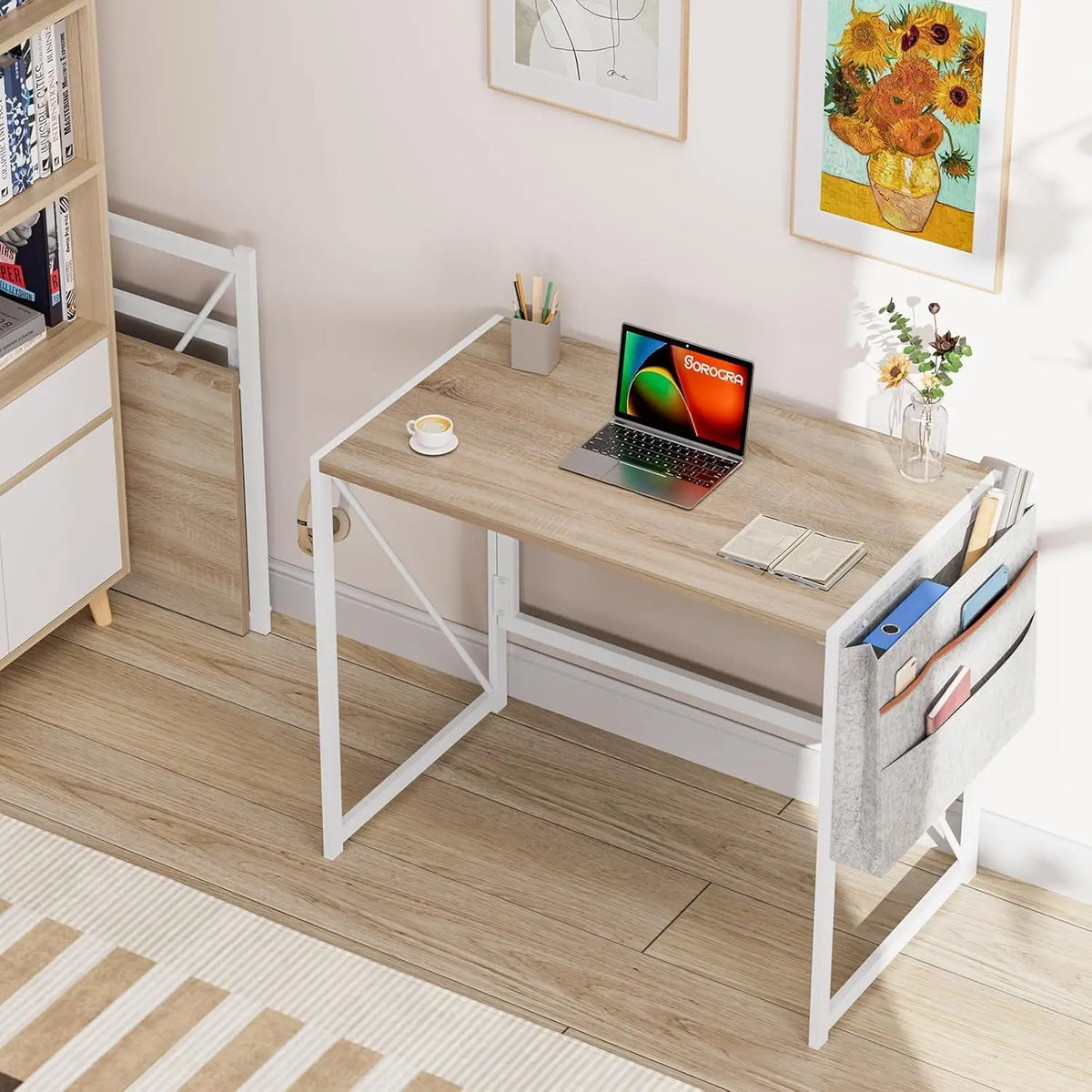 31.5" Folding Computer Desk Space-Saving Compact Home Office Writing Desk Side Storage Pocket & 2 Headphone Hooks Collapsible Computer Writing Table for Home Office, Bedroom, Balcony