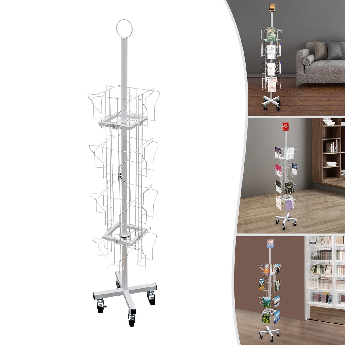4-Tier 16 Pocket Rotating Greeting Card Rack, 360° Swivel Brochure Display Stand with 4 Wheels for Postcard Sticker Organizer, Floor Standing Metal Holder