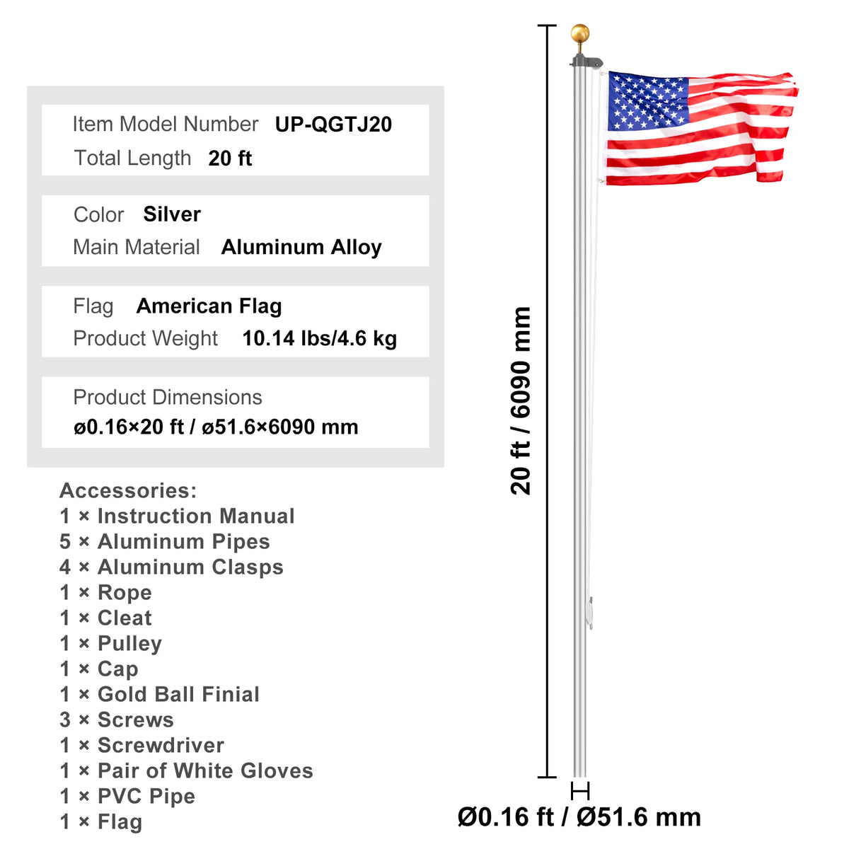 VEVOR Aluminum Flagpole Kit With American Flag For Yard