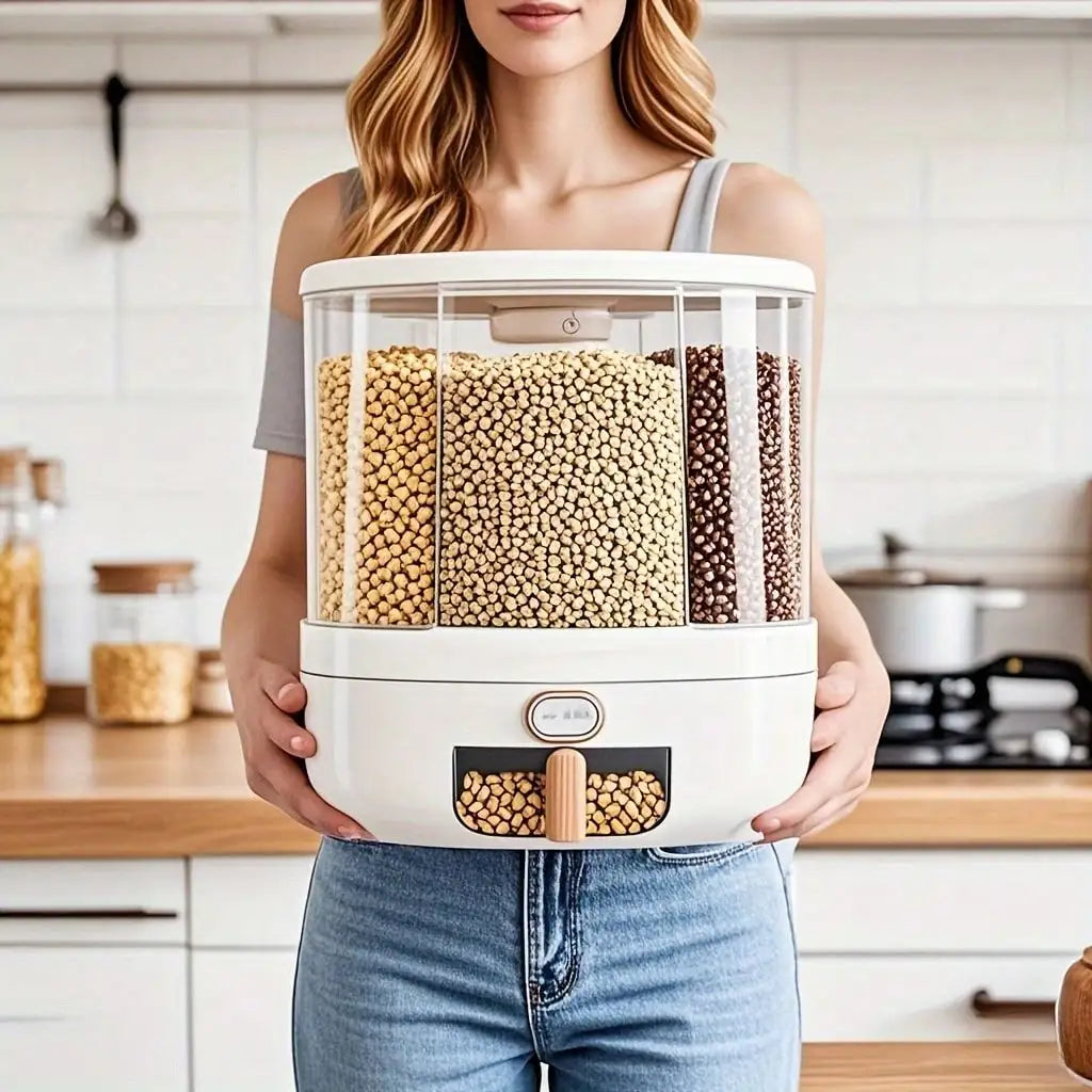 1pc Rice Bucket, Rice Dispenser, Grain Dispenser, 360° Rotating Rice Storage Box, Kitchen Grain Storage Container, 6 Compartments, One-Button Design, Convenient Access To Wheat, Beans And Rice!