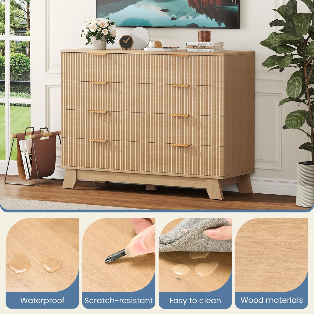MCQ Grooved Wooden 8 Drawers Storage Cabinet 39.4" Wide Chest Beside Nightstand Dresser TV Stand Tables Various Storage Display Home Furniture