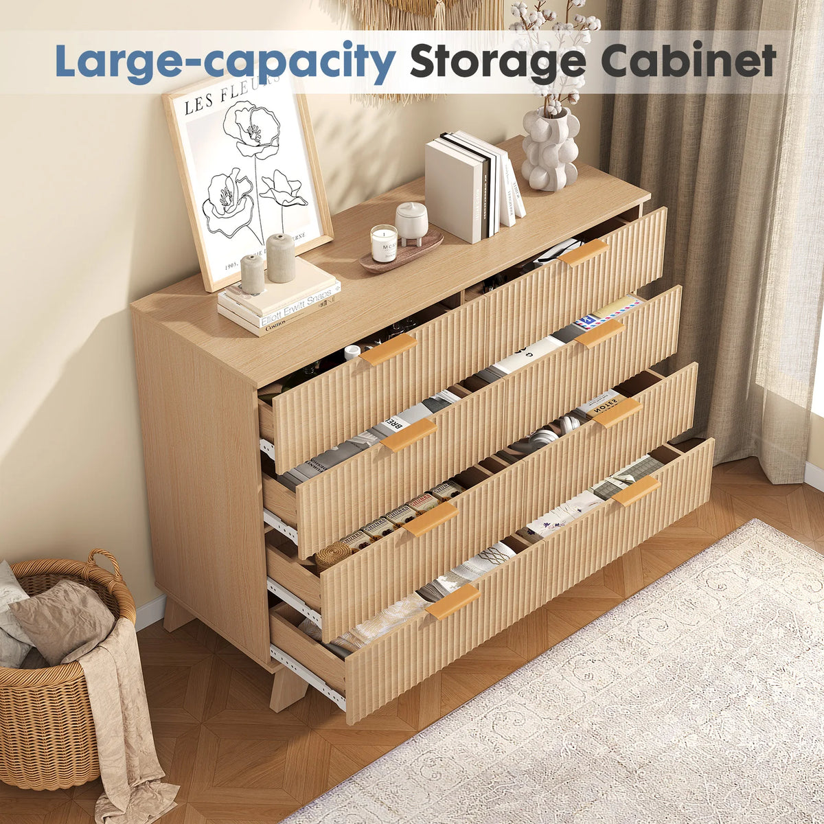 MCQ Grooved Wooden 8 Drawers Storage Cabinet 39.4" Wide Chest Beside Nightstand Dresser TV Stand Tables Various Storage Display Home Furniture