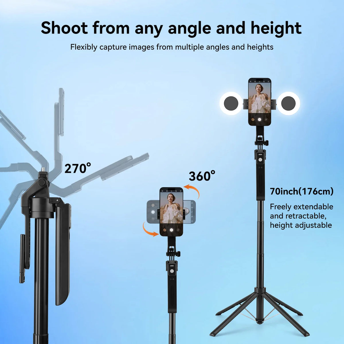 2025 New AI Selfie Stick Tripod, 360° Face Tracking. Multi-func Phone Mount W/ Remote & Fill Light, Adjustable Height, Sturdy Base. Compatible W/ IPhone & Android, For YouTube Recording & Travel Photography. Sleek Metal Fini