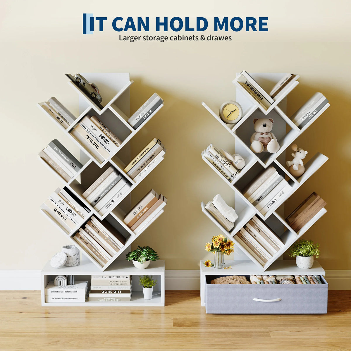 HiMISS Tree Bookshelf With LED Lights And Fabric Drawer Storage