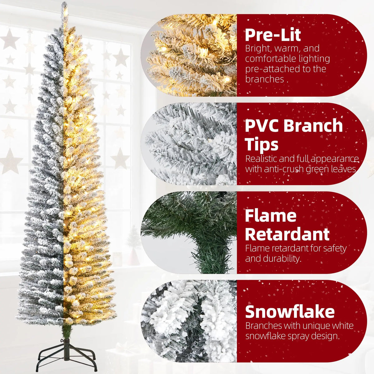 6-9FT Pencil Christmas Tree Pre-Lit Frosted Artificial Tree Skinny Xmas Trees Holiday Decoration, with LED Light and Metal Base 2026 Saving Holiday Decor for Home, Office, Indoor/Outdoor Use 6FT Artificial Christmas Tree