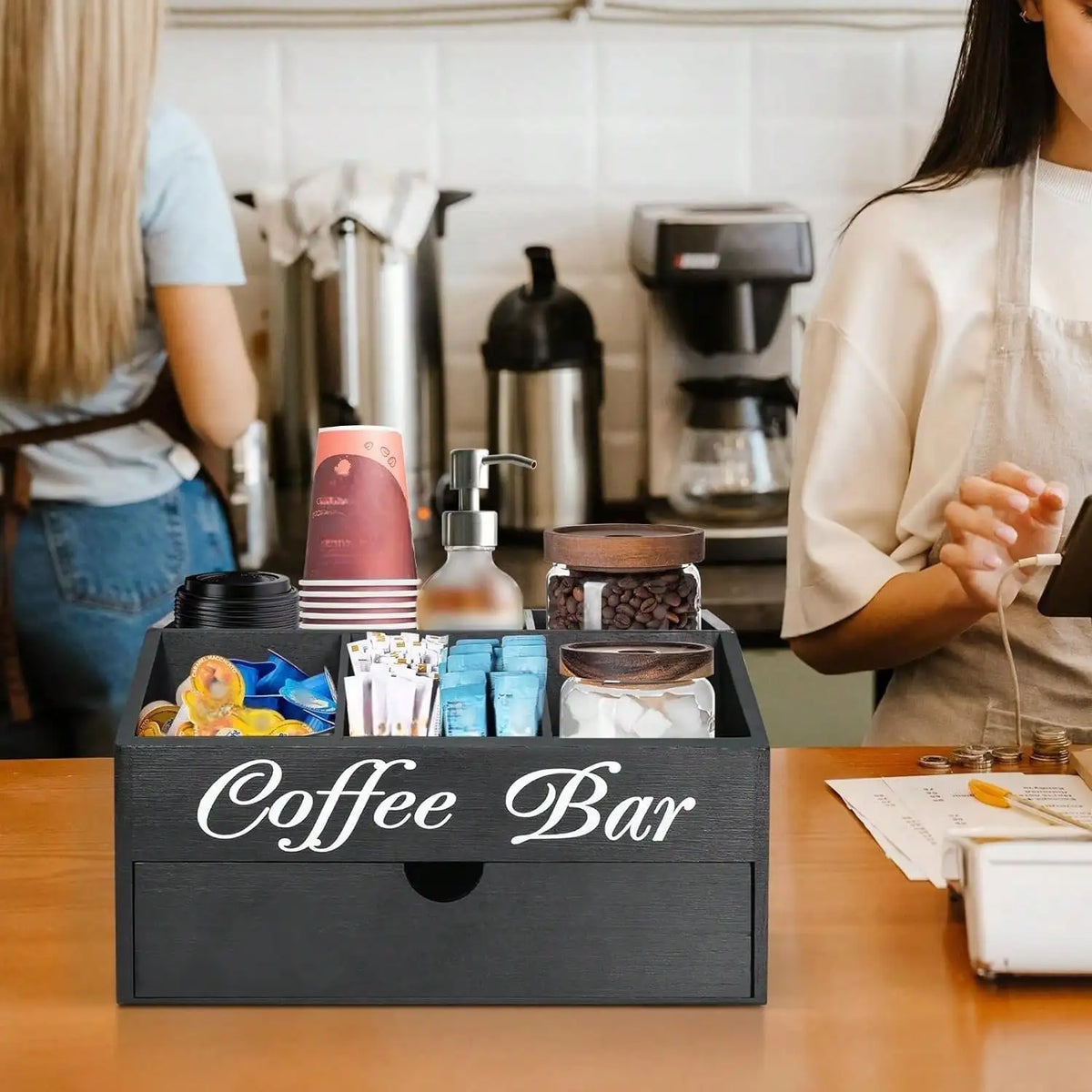 Coffee Bar Organizer Countertop Farmhouse Wooden Coffee Station Box Black Cursive Letter Printed Compartments Drawer For Coffee Pods Sugar Tea Cups Condiments Kitchen Office Counter Decor Housewarming Gift