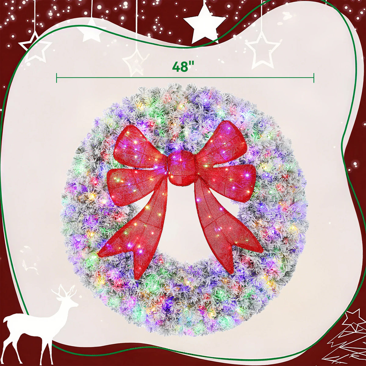 Homcom 48in Flocked Pre-Lit Artificial Christmas Wreath with 3D Red Bow