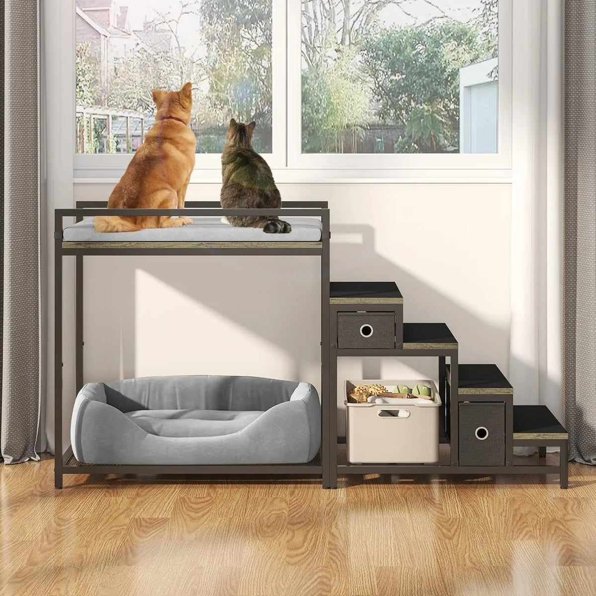 Pet Bunk Bed with 2 Drawers & Removable 4-Step Stairs, Dog/Cat Window Perch with Soft Cushion, Non-Slip Metal Frame, 60 LBS Capacity