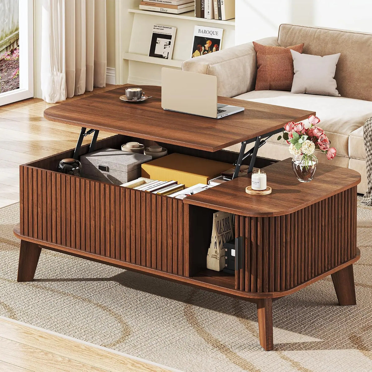 Coffee Table with Storage, 37.4" Lift Top Table for Living Room, Mid Century Modern Coffee Table with Sliding Fluted Doors