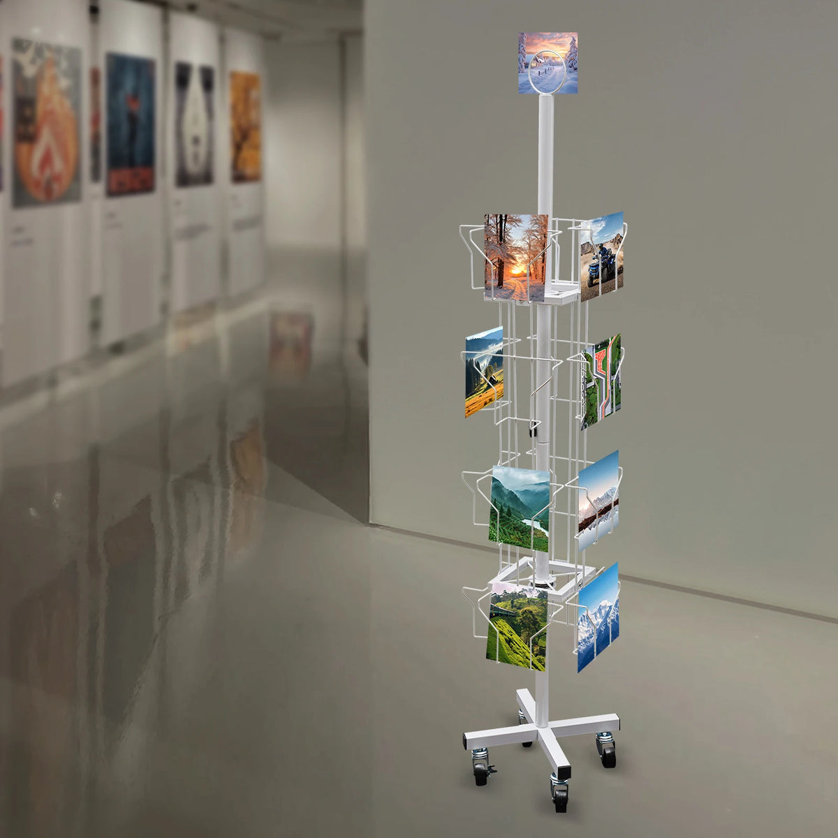 4-Tier 16 Pocket Rotating Greeting Card Rack, 360° Swivel Brochure Display Stand with 4 Wheels for Postcard Sticker Organizer, Floor Standing Metal Holder