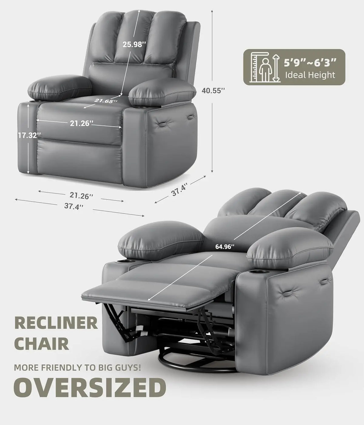 TACLEEKII Swivel Rocker Recliner Chair With Heat Massage Cup Holders