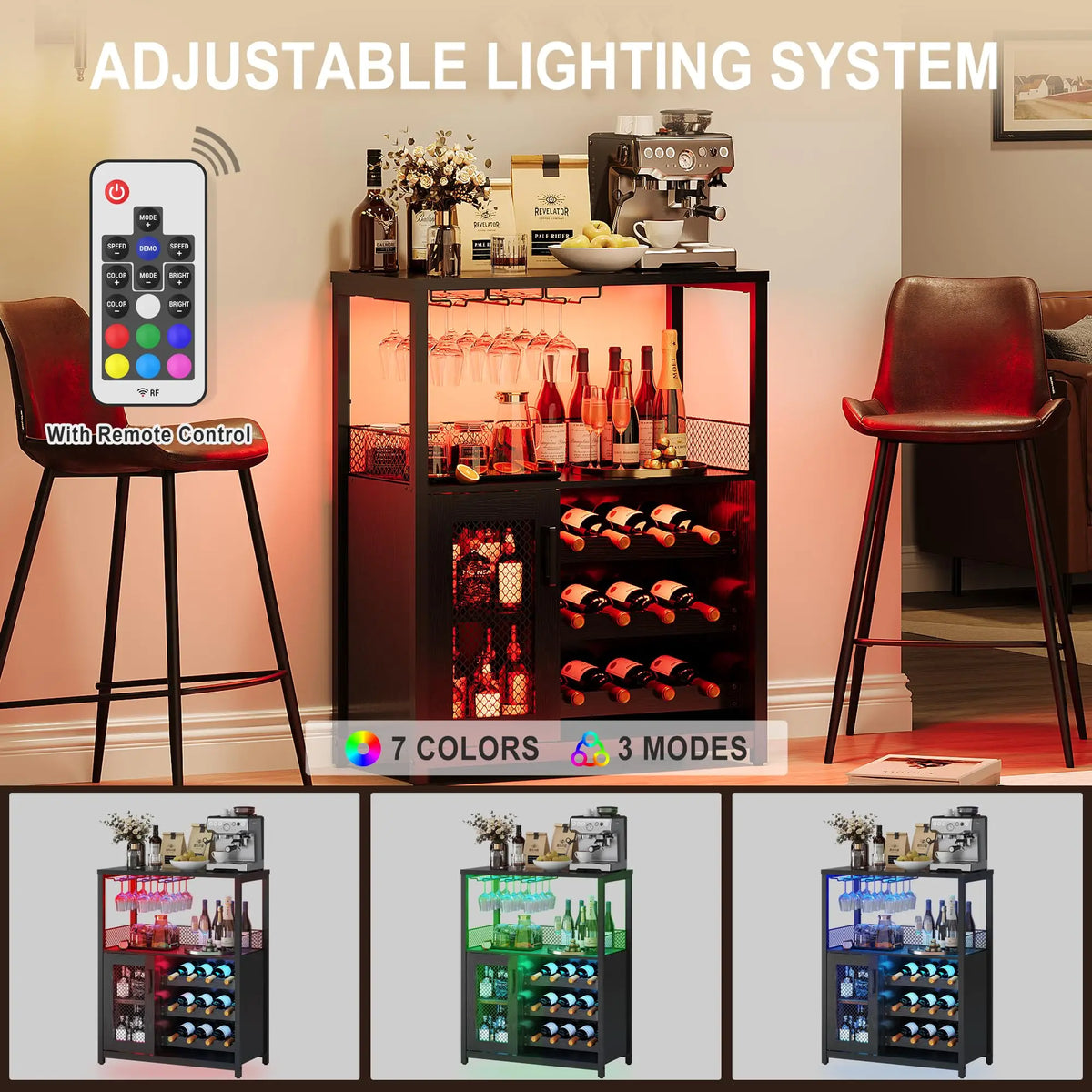 Wine Bar Cabinet With LED Lights And Adjustable Shelves