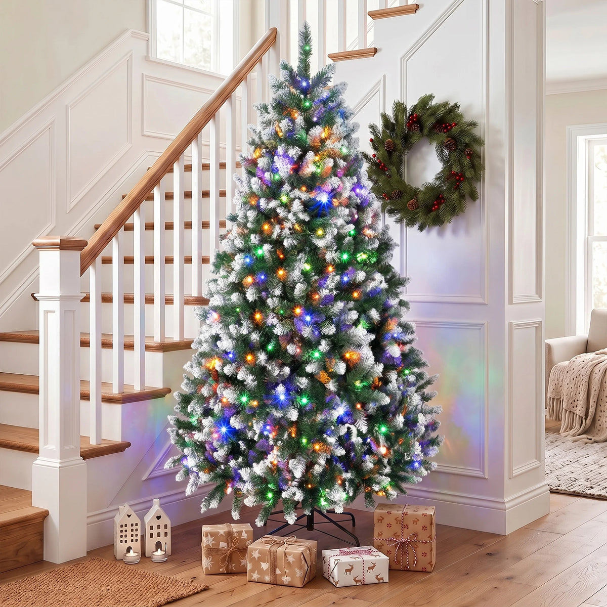 HOMCOM 7.5ft Pre-lit Artificial Christmas Tree, White-Tipped Hinged Full Xmas Tree with 1378 Tips, 11 Modes, 400 LED Lights, Remote, Foldable Metal Stand, Home Office Holiday Decoration