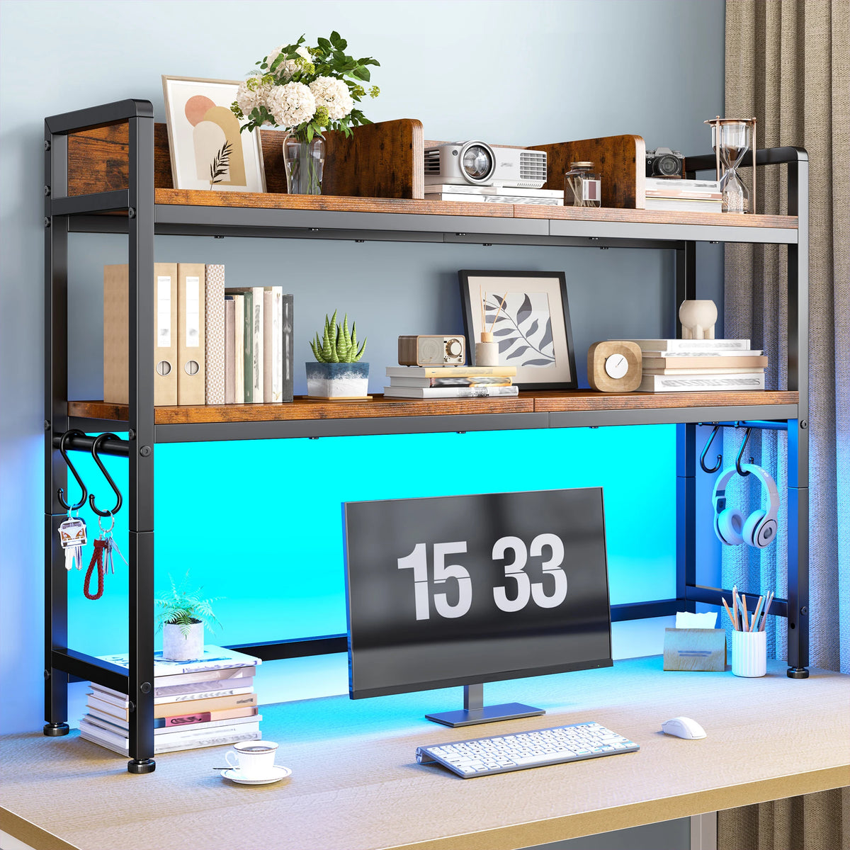 35.5" Desk Shelf With LED Lights And Hooks, 2-Tier Adjustable Multipurpose Solid Wood Desk Hutch Dorm, Desktop Organizer Rack With 3 Display Rack For Dorm, Office Home