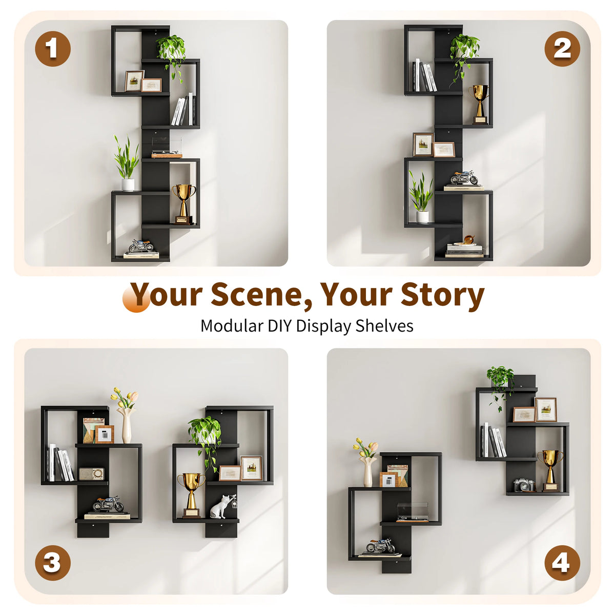Floating Shelves with Unique Design, Modern Wall Mounted Display Rack with Hidden Brackets, Decorative Storage Shelf for Bedroom, Living Room, Kitchen, Bathroom