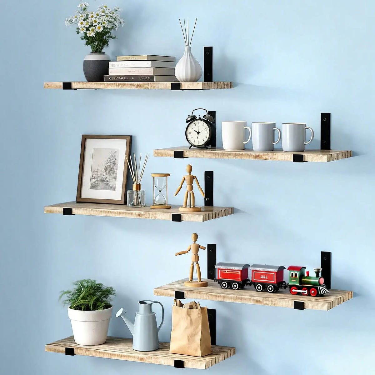 5/10Pcs Floating Shelves, 4.7 Inch Wide Wall Shelves with Invisible Brackets, Rustic Wood Storage Racks for Bedroom, Living Room, Kitchen, Bathroom