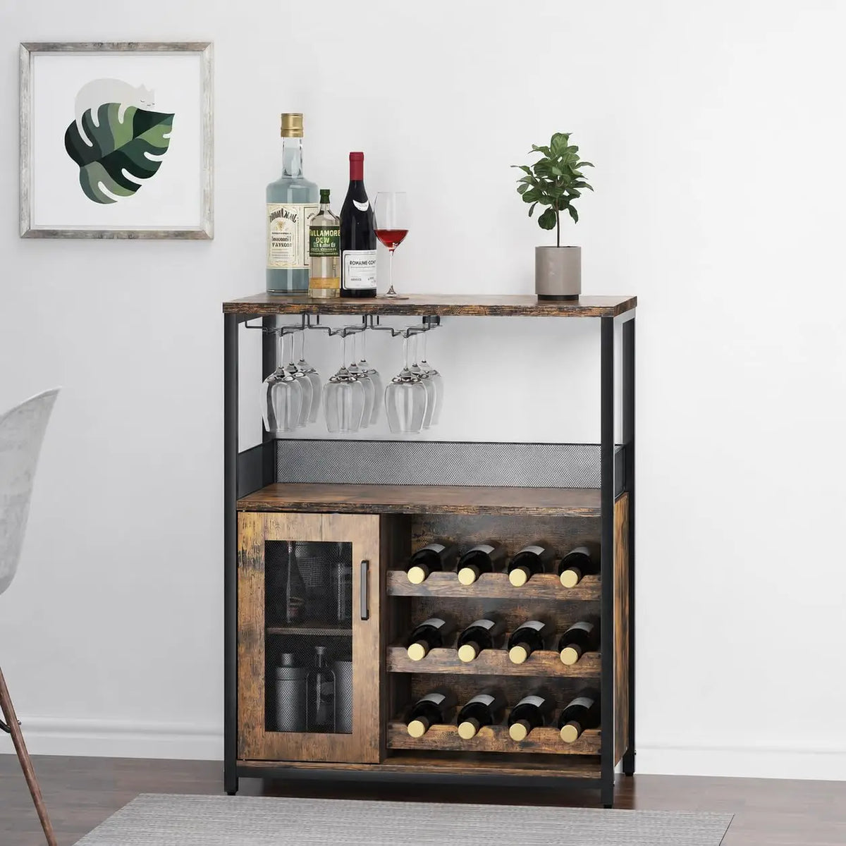 Wine Bar Cabinet With LED Lights And Adjustable Shelves