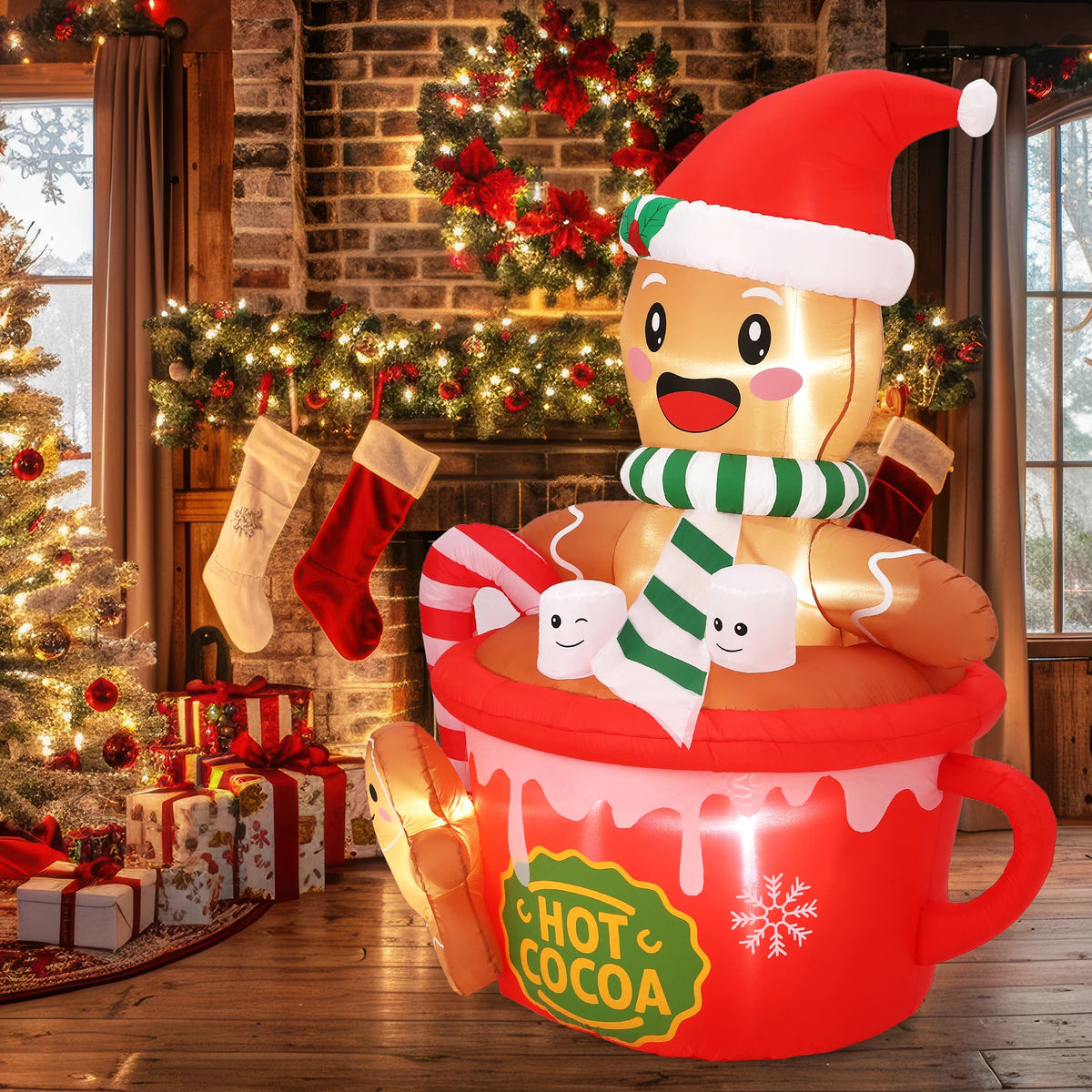6FT Prelit Gingerbread Man in Hot Cocoa Mug Christmas Inflatable Built In LED Lights Easy Setup Blow Up Outdoor Yard Decor for Lawn Garden Patio Holiday Party Winter Festival Display Supplies