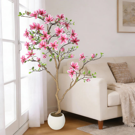 Lifelike Pink Magnolia Artificial Tree for Home Decor – Realistic Tall Silk Faux Plant Flower in Pot for Living Room Entryway
