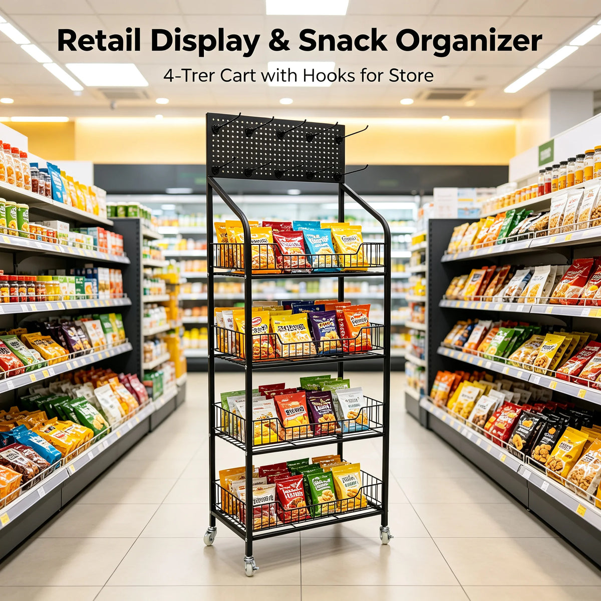 4-Tier Retail Display Rack Stand with Wheels, Snack Candy Organizer Basket Cart with 10 Hooks, 22 lbs Capacity per Shelf for Supermarket Bakery Store, Black