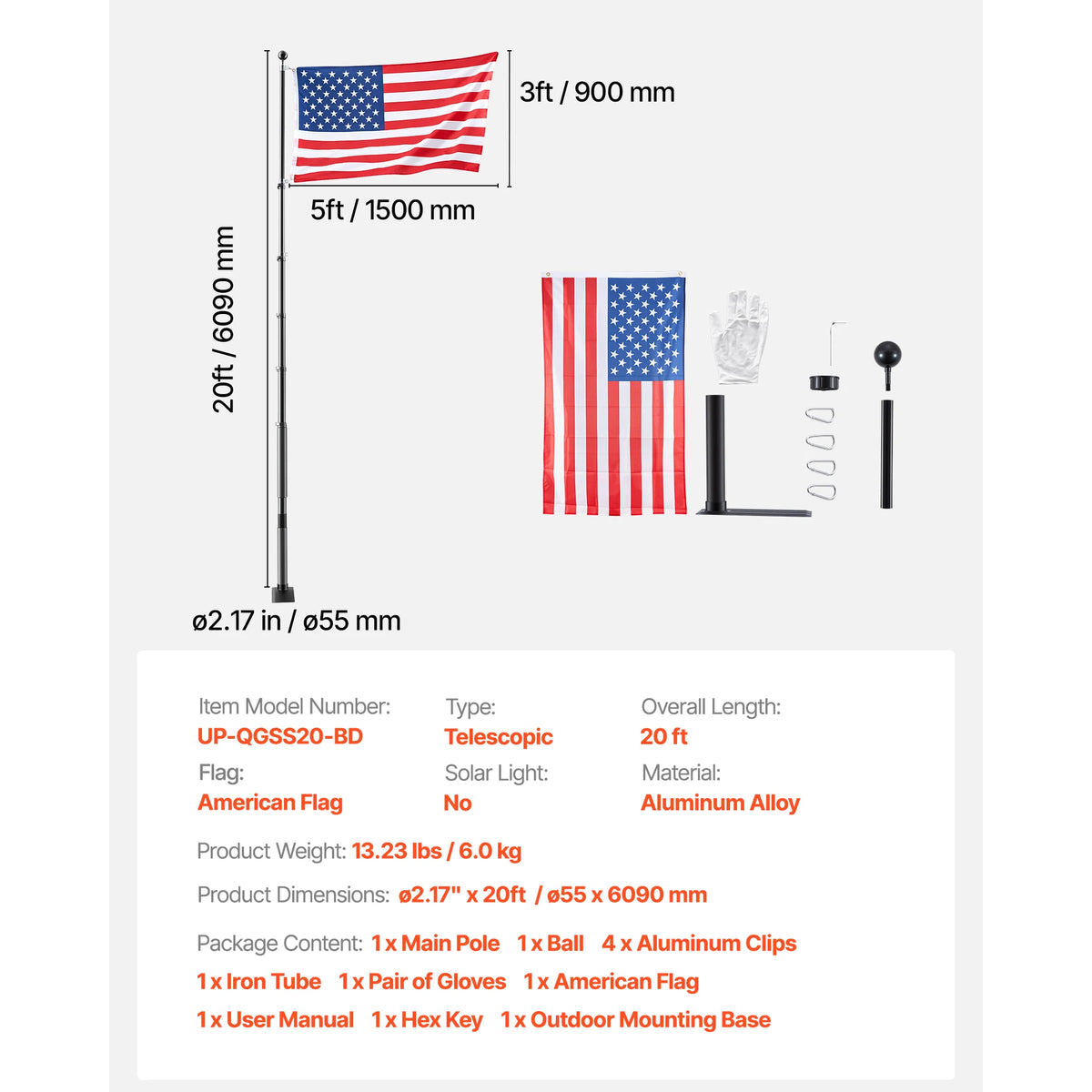VEVOR Aluminum Flagpole Kit With American Flag For Yard