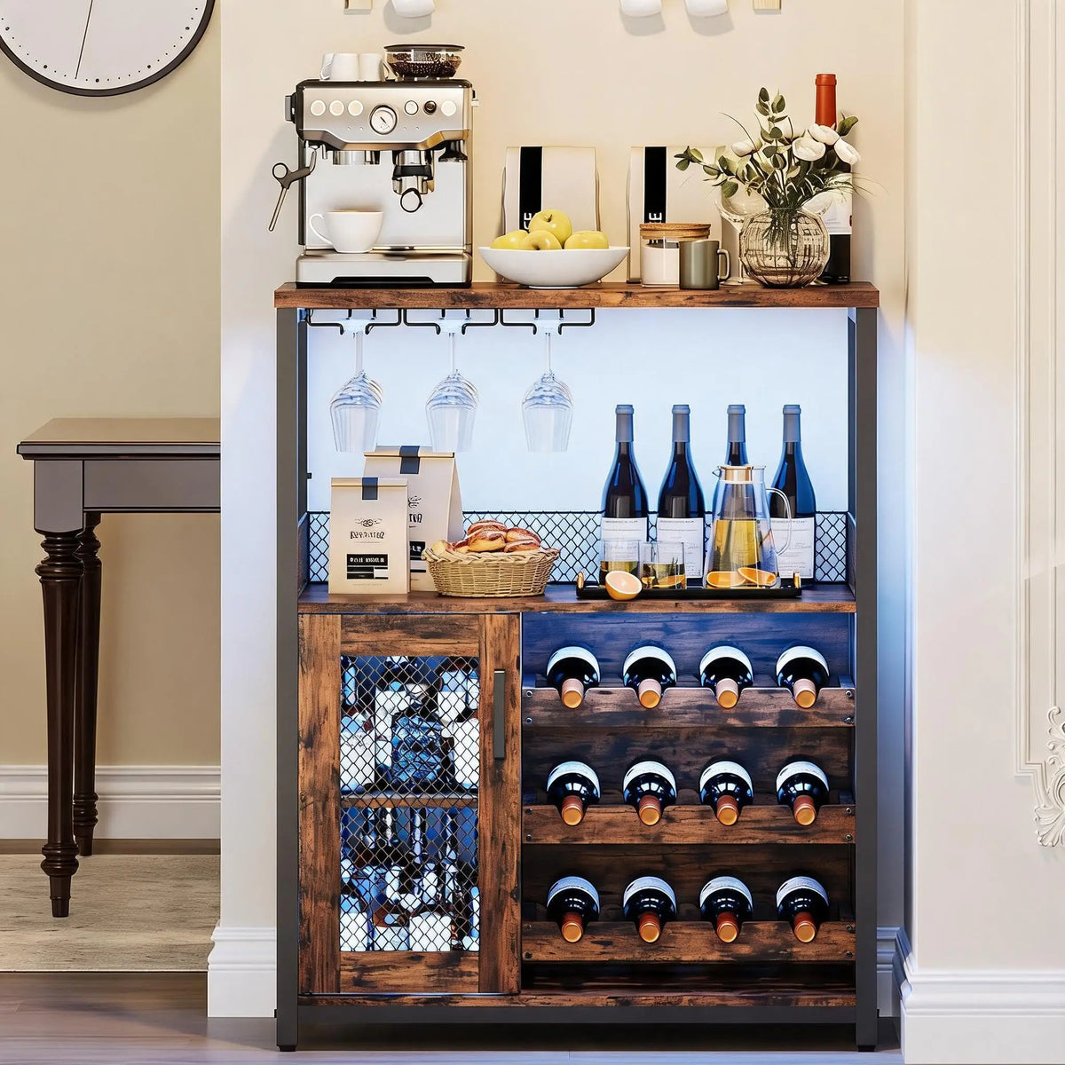 Wine Bar Cabinet With LED Lights And Adjustable Shelves