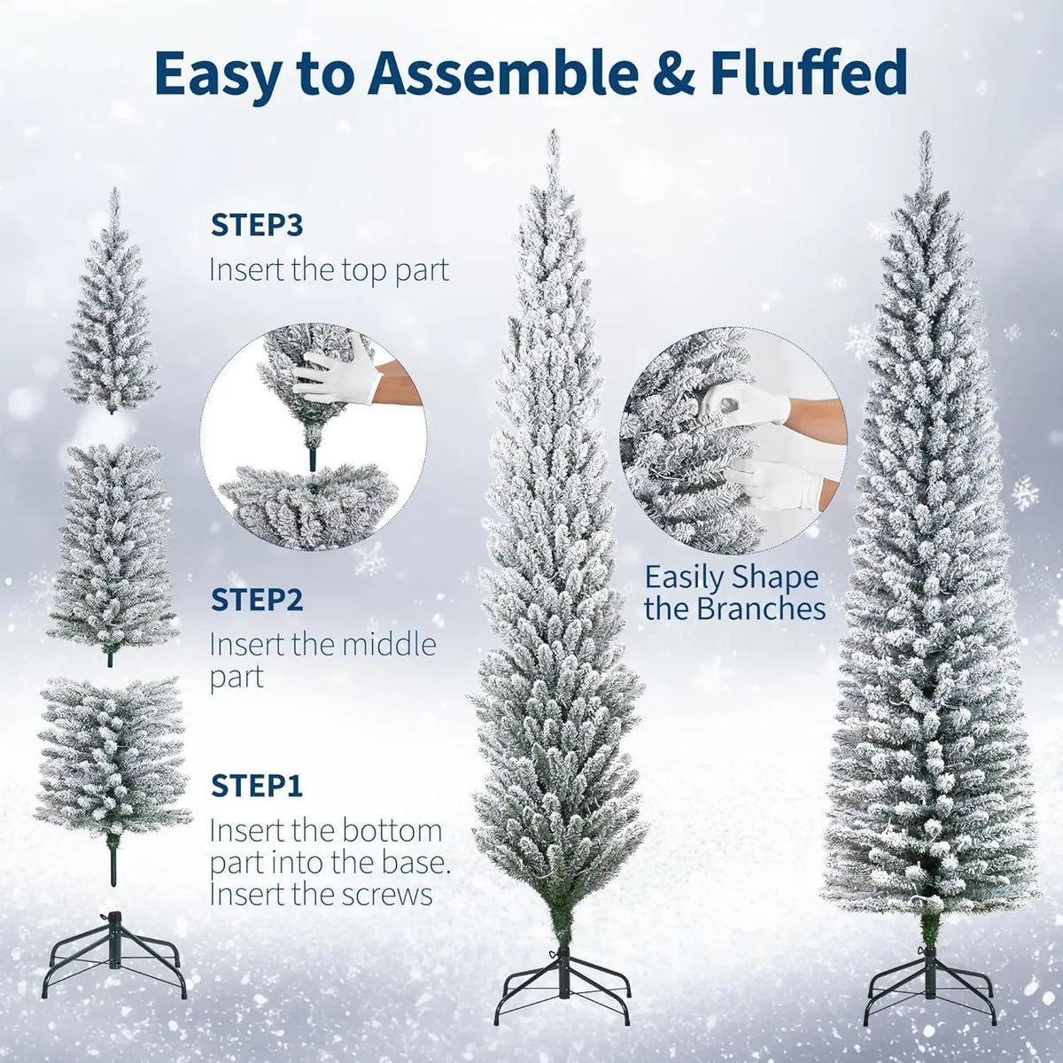 6/7.5ft Flocked Pencil Christmas Tree - Pre-lit Frosted Slim Artificial Tree, Space Saving Xmas Tree Holiday Decoration for Home, Full Prelighted Warm White LED Lights, Foldable Base, Easy Assembly
