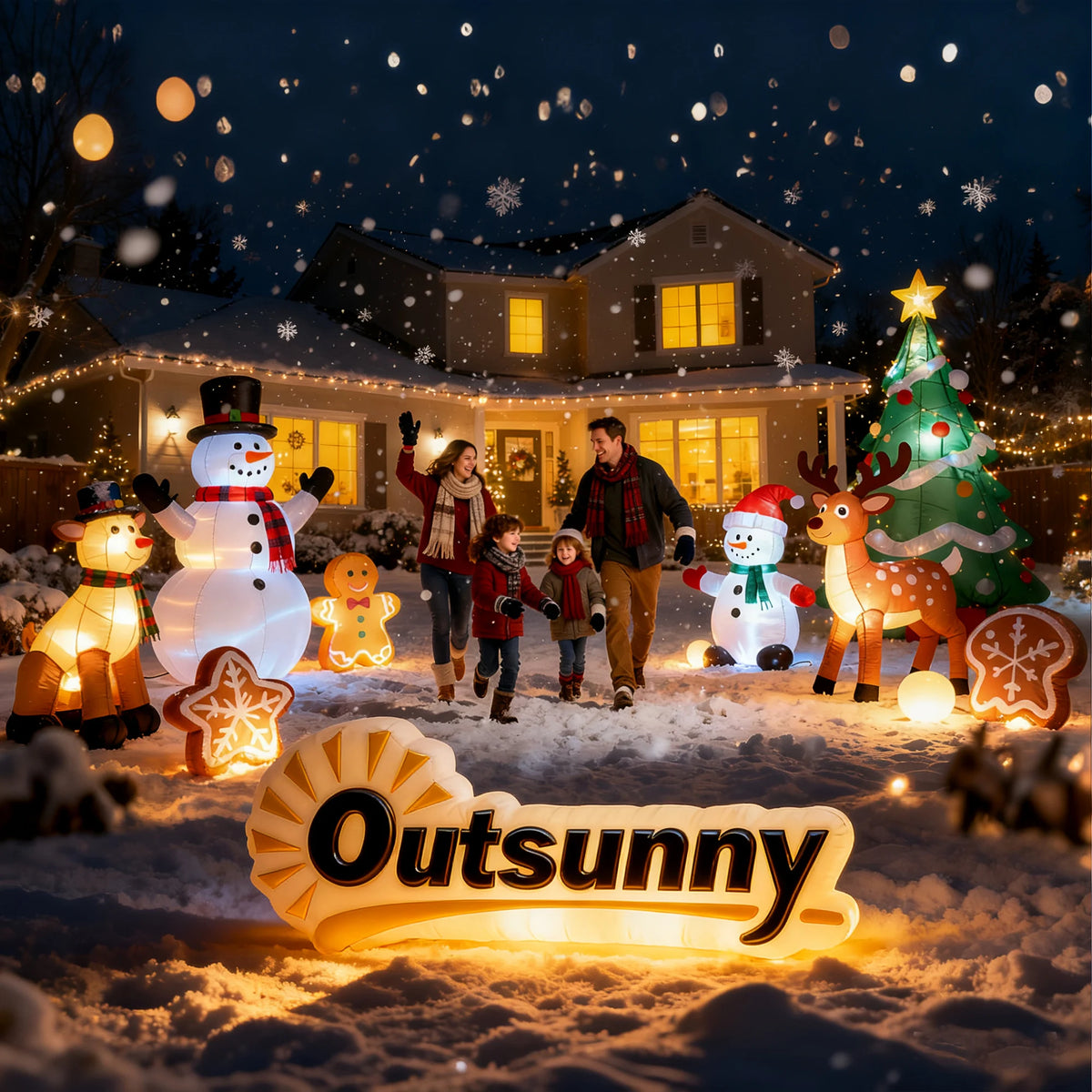 Outsunny 9ft Christmas Inflatables Outdoor Decorations Santa Claus Drives a Gift Car with Elk, Elf and Two Penguins, Blow-Up LED Yard Christmas Decor for Garden, Lawn