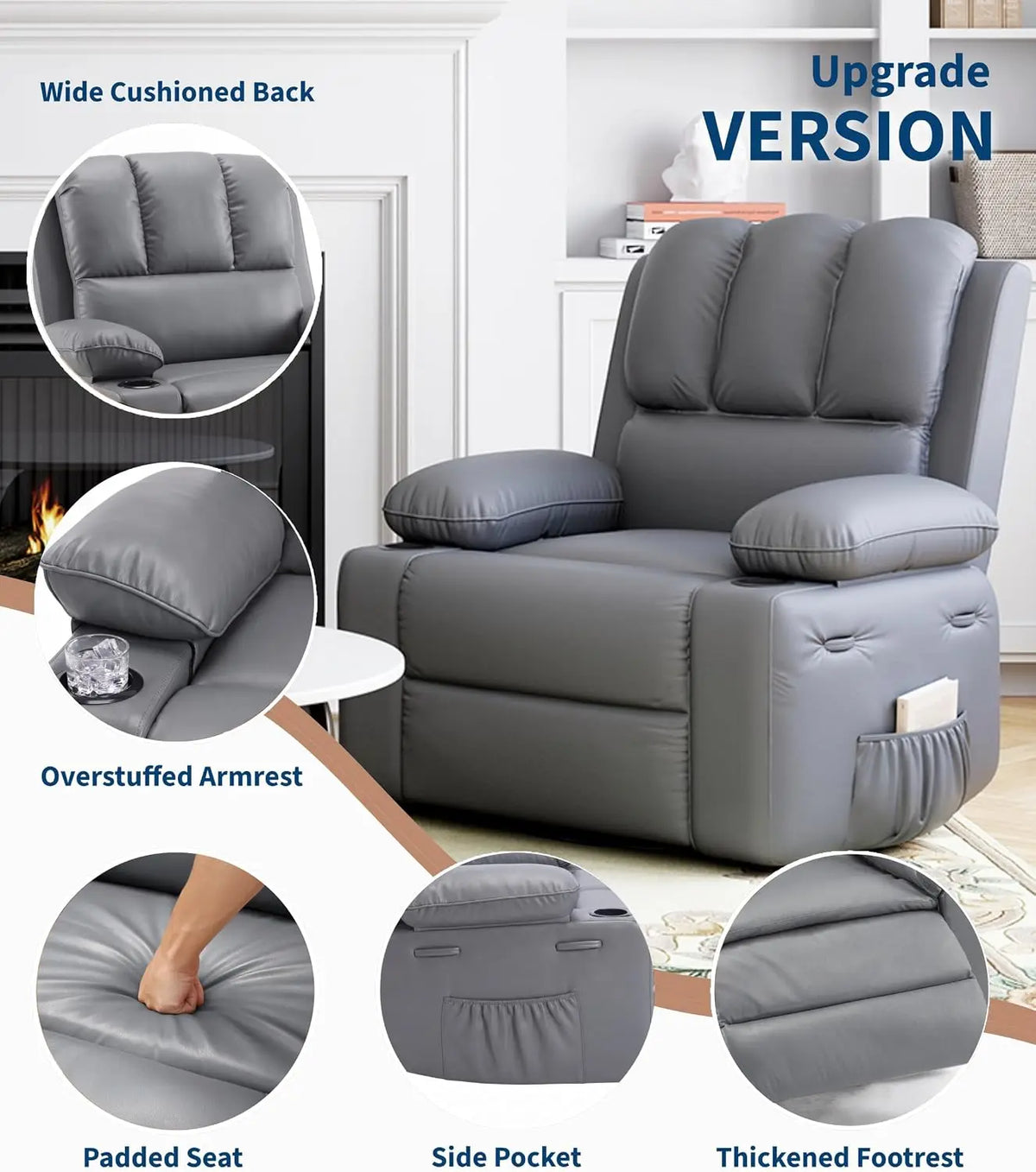 TACLEEKII Swivel Rocker Recliner Chair With Heat Massage Cup Holders