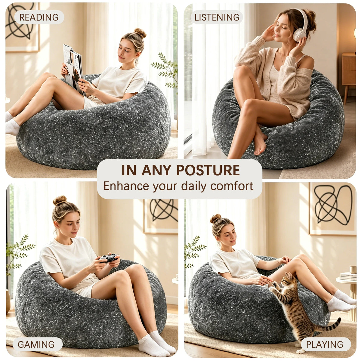 Fluffy Faux Fur Bean Bag Chair With Rebound Memory Foam