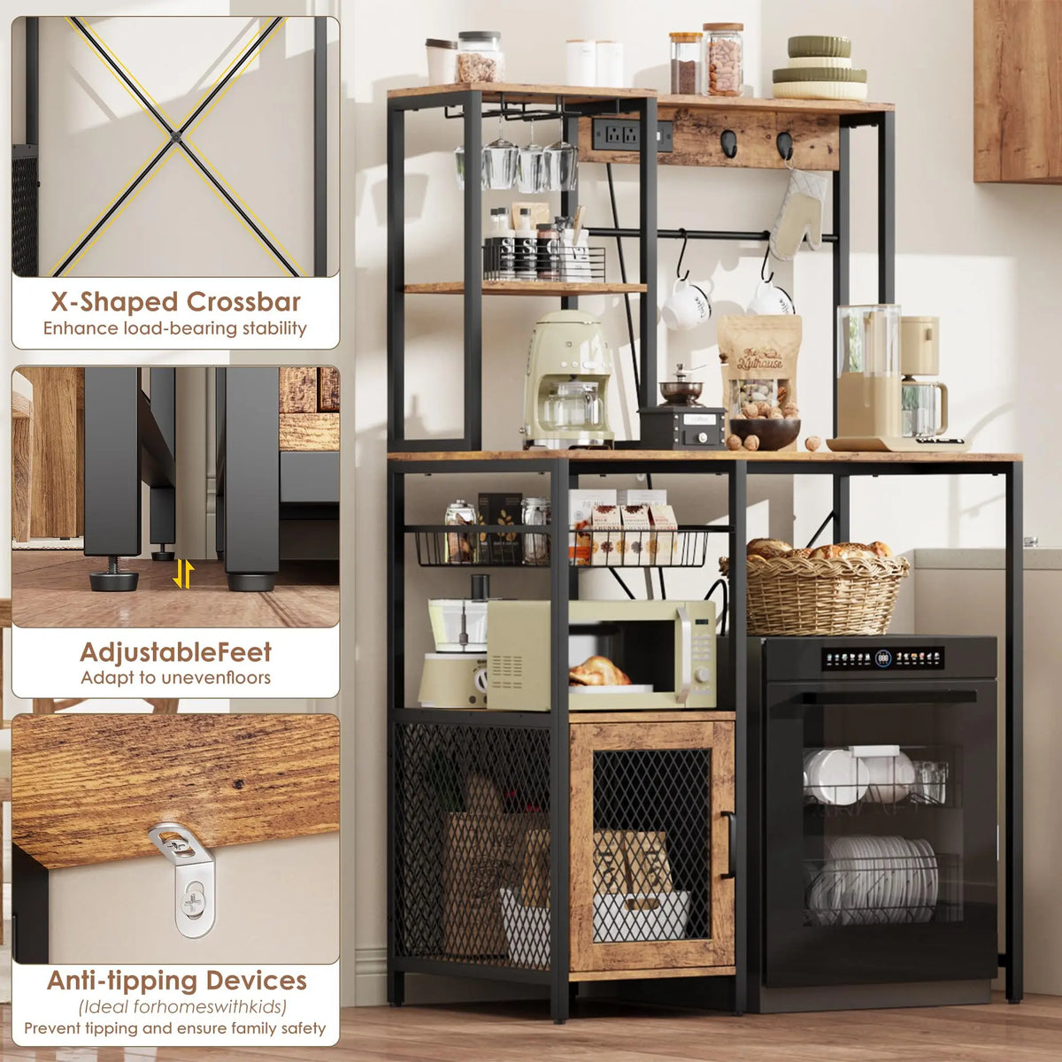 Kitchen Bakers Rack with Power Outlet and Storage Cabinet, Coffee Bar Microwave Stand with Refrigerator Space, Freestanding Kitchen Shelf for Pantry Living Room, Rustic Brown