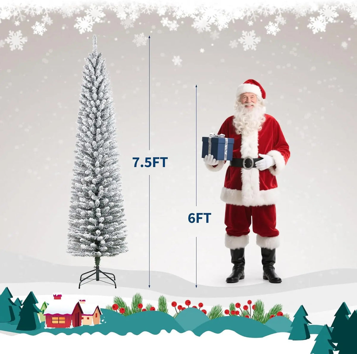6/7.5ft Flocked Pencil Christmas Tree - Pre-lit Frosted Slim Artificial Tree, Space Saving Xmas Tree Holiday Decoration for Home, Full Prelighted Warm White LED Lights, Foldable Base, Easy Assembly