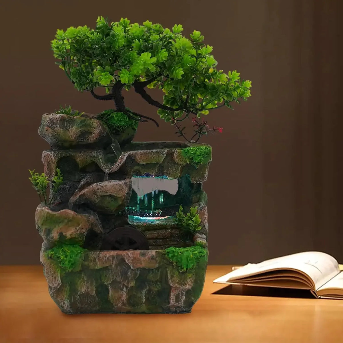 Indoor Waterfall Meditation Fountain with Automatic Pump and LED Light, Tabletop Waterfall Fountain, Relax Desktop Water for Home Office Bedroom Decoration