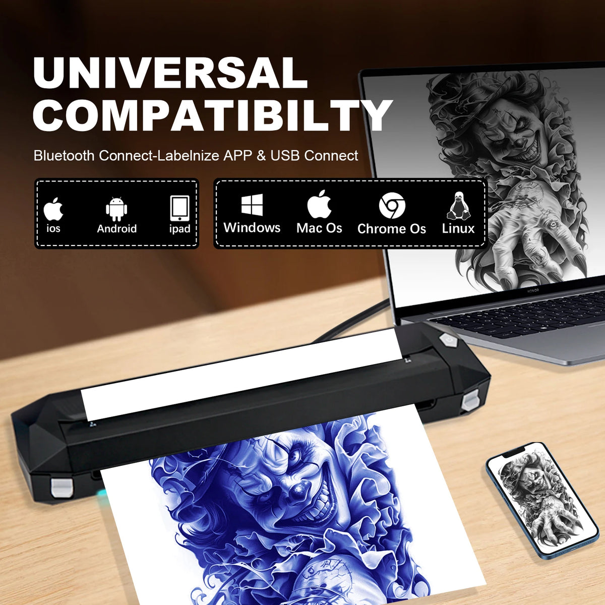 Portable KVM Tattoo Thermal Stencil Printer Bluetooth & USB Connection Support Phone Tablet PC Procreate Illustration Printing