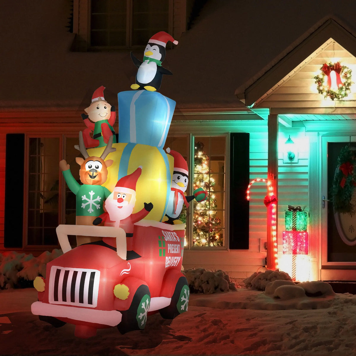 Outsunny 9ft Christmas Inflatables Outdoor Decorations Santa Claus Drives a Gift Car with Elk, Elf and Two Penguins, Blow-Up LED Yard Christmas Decor for Garden, Lawn