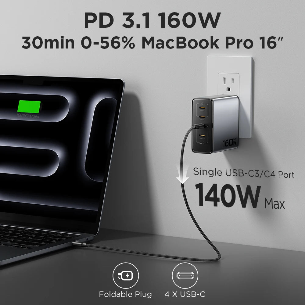 PISEN 160W GaN Charger 4 USB C Port & 1.8m Fast Charging Cable PD3.1 Quick Charger for MacBook Laptop Tablet iPhone Samsung iPad